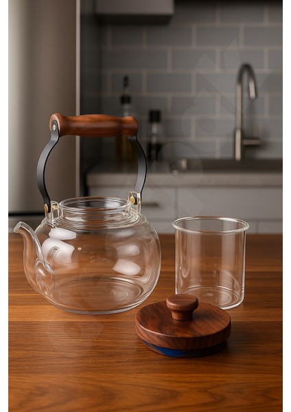 Akasya Kapaklı ve Üstten Saplı Yuvarlak Cam Demlik - Isıya Dayanıklı - Cam Demlikli - 3 Parça fiyatları