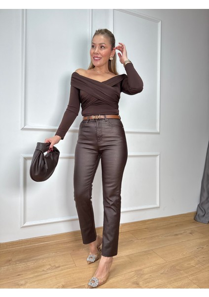 Kahve Çapraz Yakalı Bluz