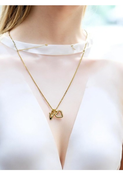 V Harfi 316L Paslanmaz Çelik Zincir Altın Kaplama Kolye Hediye Kalp Sevgili Eş