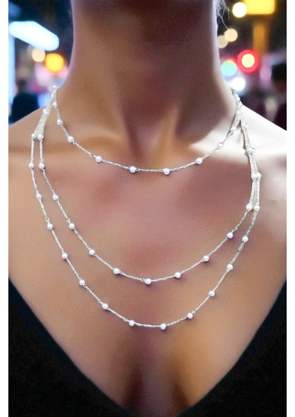 Çelik 3’lü Incili Zincir Kolye Çelik Kolye Hediye Kolye Tasarım