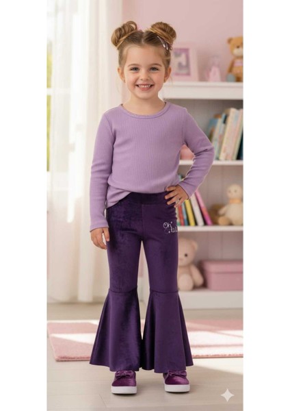 Kız Çocuk Fransız Kadife Geniş Dökümlü Ispanyol Paça Tayt Ohlala Mor