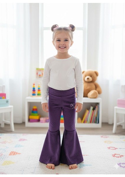 Kız Çocuk Fransız Kadife Geniş Dökümlü Ispanyol Paça Tayt Ohlala Mor modelleri