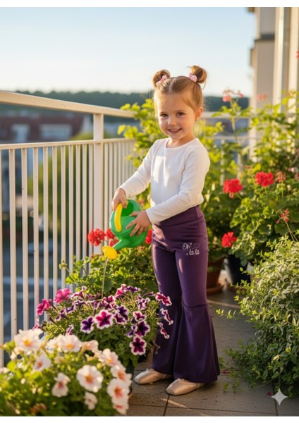Kız Çocuk Fransız Kadife Geniş Dökümlü Ispanyol Paça Tayt Ohlala Mor fırsatları