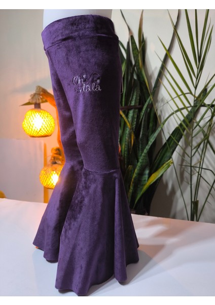 Kız Çocuk Fransız Kadife Geniş Dökümlü Ispanyol Paça Tayt Ohlala Mor