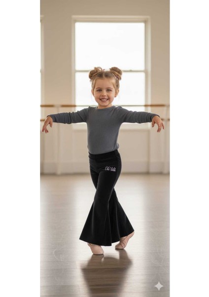 Kız Çocuk Fransız Kadife Geniş Dökümlü Ispanyol Paça Tayt Ohlala Siyah