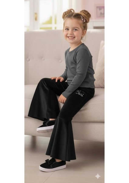Kız Çocuk Fransız Kadife Geniş Dökümlü Ispanyol Paça Tayt Ohlala Siyah indirimleri