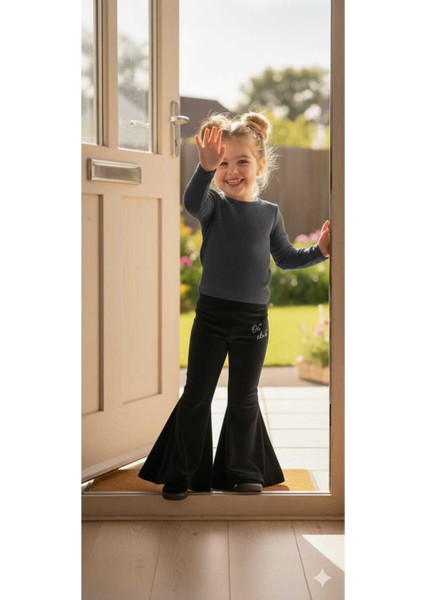 Kız Çocuk Fransız Kadife Geniş Dökümlü Ispanyol Paça Tayt Ohlala Siyah
