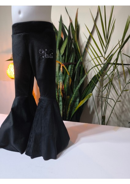 Kız Çocuk Fransız Kadife Geniş Dökümlü Ispanyol Paça Tayt Ohlala Siyah