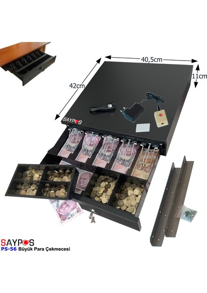 5 Geniş Banknot Gözlü Kolay Açma Butonlu Montaj Askılı (Takım Halinde) Para Çekmecesi 40,5X42X11CM