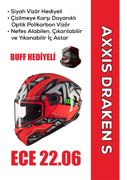 Draken S Jolly / Mat Kırmızı Full Face Motosiklet Kaskı Siyah Vizör Hediyeli