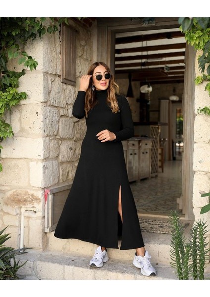 Kadın Uzun Kollu Balıkçı Yaka Derin Yırtmaç Detay Krep Elbise