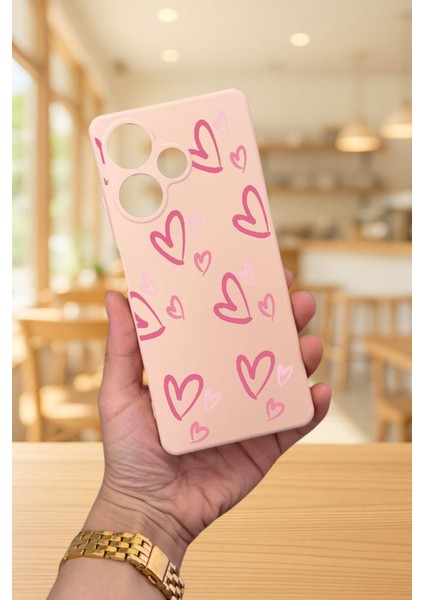 Infinix Hot 30 - Pembe Kalp Desenli Silikon Darbe Emici Klasik Korumalı Rubber Kılıf