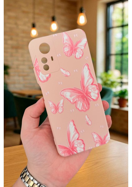 Redmi Note 12S - Pembe Kelebek Desenli Silikon Darbe Emici Klasik Korumalı Rubber Kılıf