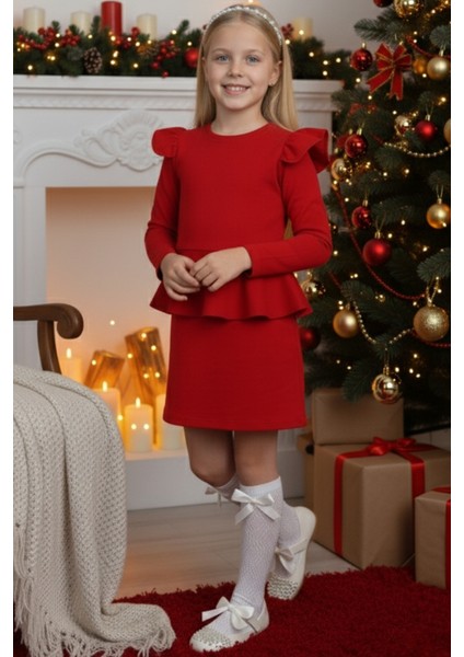 Kız Çocuk Diana Kırmızı Volan Etekli Fırfır Detaylı Uzun Kollu Elbise