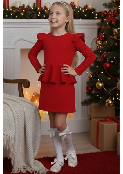 Kız Çocuk Diana Kırmızı Volan Etekli Fırfır Detaylı Uzun Kollu Elbise fiyatları