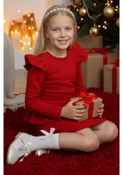 Kız Çocuk Diana Kırmızı Volan Etekli Fırfır Detaylı Uzun Kollu Elbise fırsatları