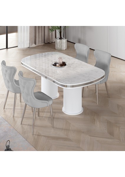 Galya Serisi Lak Panel 90X168 Sabit Beyaz Mermer Desen Mutfak Masa Takımı 4 Sandalye