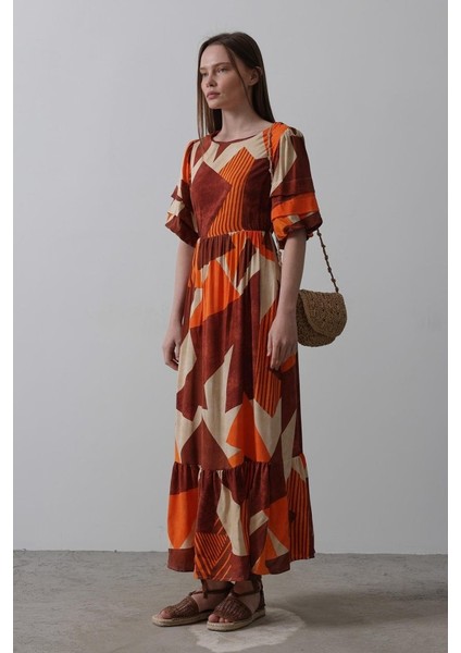 Desenli Balon Kol Kloş Elbise - Kahve