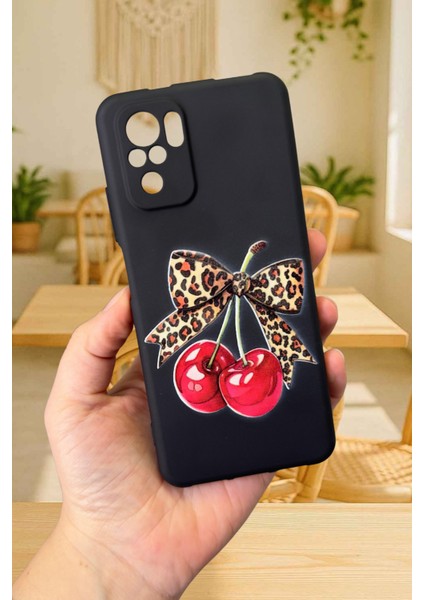 Redmi Note 10/10S Uyumlu Kiraz Leopar Fiyonk Desenli Silikon Darbe Emici Rubber Kılıf