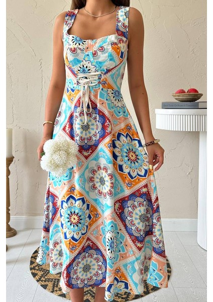 Kadın Yazlık Renkli Kalp Yaka Bağcık Detaylı Desenli Midi Boy Elbise 10E-2344