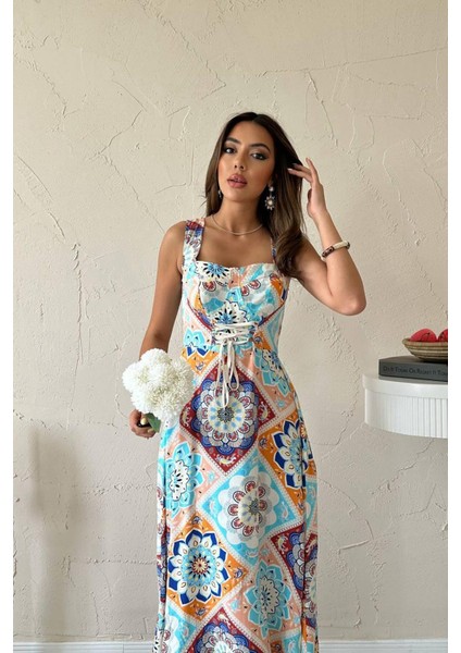 Kadın Yazlık Renkli Kalp Yaka Bağcık Detaylı Desenli Midi Boy Elbise 10E-2344 fırsatları