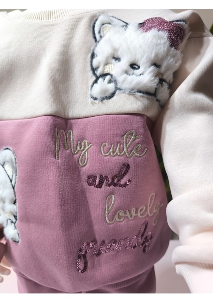 Kız Çocuk Peluş Detaylı Kabartmalı Kalın Takım Cepli %100 Pamuk modelleri