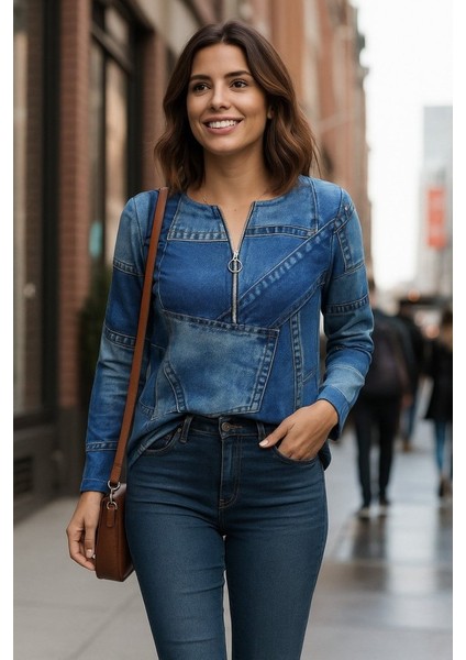 Kadın Uzun Kollu Yakadan Fermuarlı Kot Görünüm Desenli Uzun Modal Bluz