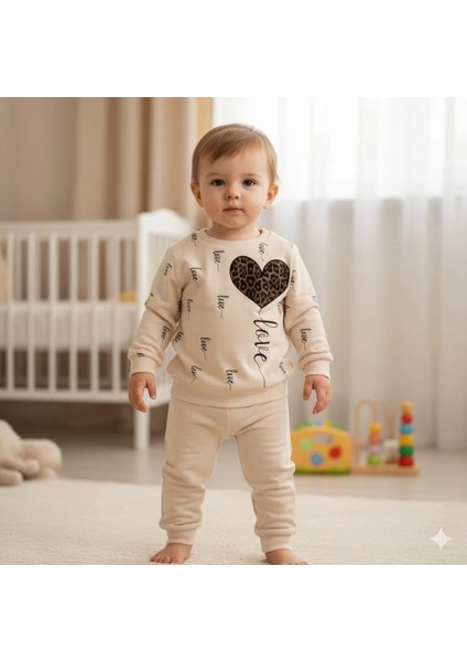 Kız Çocuk Leopar Desenli Kalp Baskılı Alt Üst Ikili Gündelik Takım 1-4 Yaş