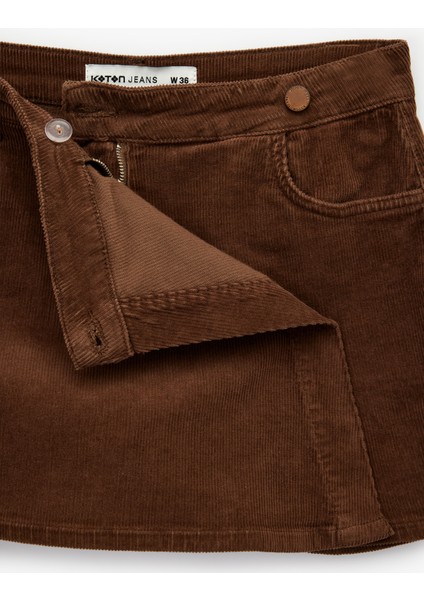 Cep Detaylı Düğmeli Kadife Mini Şort Etek