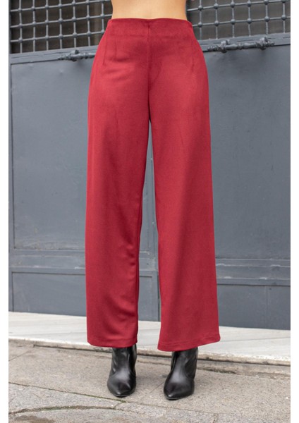 Kadın Süet Dokulu Kumaş Yüksek Bel Yan Cepli Beli Lastikli Bol Paça Palazzo Pantolon-Bordo