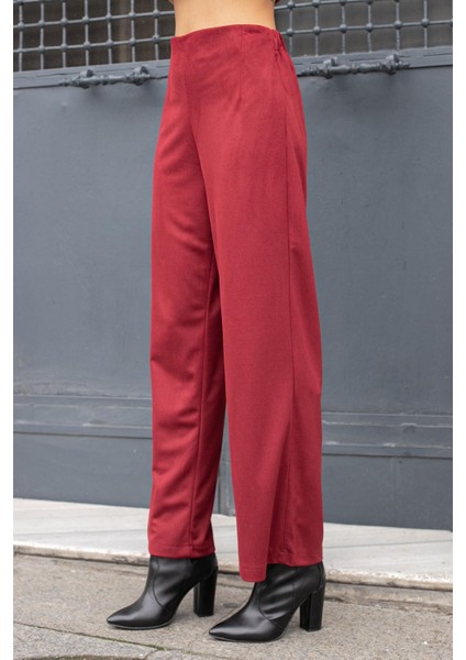 Kadın Süet Dokulu Kumaş Yüksek Bel Yan Cepli Beli Lastikli Bol Paça Palazzo Pantolon-Bordo fiyatları