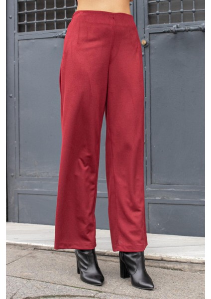 Kadın Süet Dokulu Kumaş Yüksek Bel Yan Cepli Beli Lastikli Bol Paça Palazzo Pantolon-Bordo modelleri