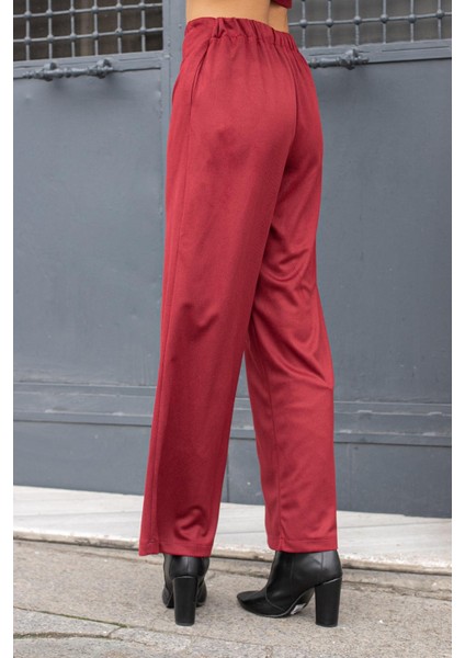 Kadın Süet Dokulu Kumaş Yüksek Bel Yan Cepli Beli Lastikli Bol Paça Palazzo Pantolon-Bordo fırsatları