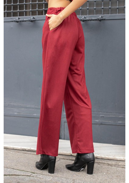 Kadın Süet Dokulu Kumaş Yüksek Bel Yan Cepli Beli Lastikli Bol Paça Palazzo Pantolon-Bordo indirimleri