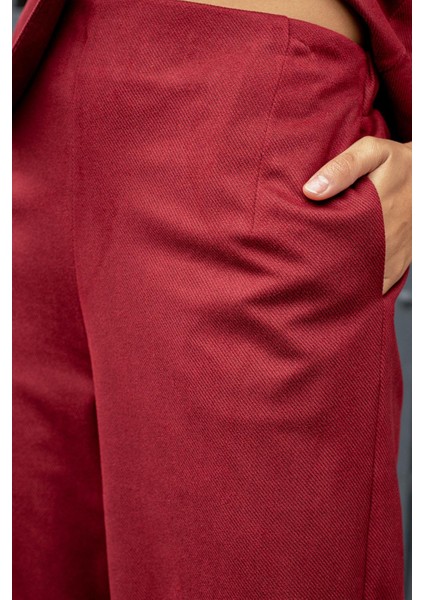 Kadın Süet Dokulu Kumaş Yüksek Bel Yan Cepli Beli Lastikli Bol Paça Palazzo Pantolon-Bordo