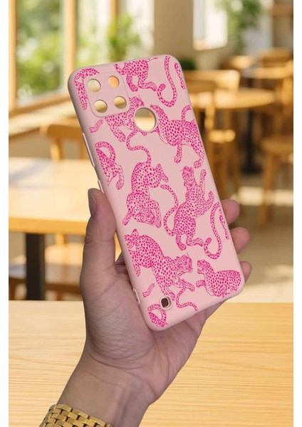 Realme C21Y ve C25Y -Pembe Leopar Desenli Silikon Darbe Emici Klasik Korumalı Rubber Kılıf modelleri