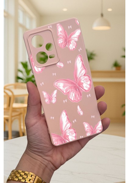 Redmi Note 12 Pro 5g Pembe Kelebek Desenli Silikon Darbe Emici Klasik Korumalı Rubber Kılıf