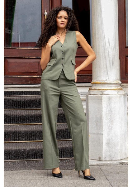 Kadın Yüksek Bel Yan Cepli Bol Paça Rahat Kesim Palazzo Kumaş Pantolon-Haki