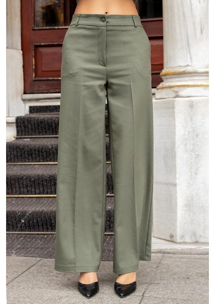 Kadın Yüksek Bel Yan Cepli Bol Paça Rahat Kesim Palazzo Kumaş Pantolon-Haki fiyatları