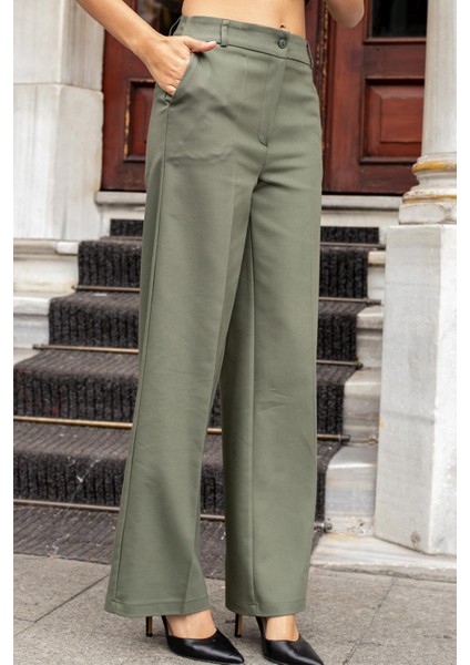 Kadın Yüksek Bel Yan Cepli Bol Paça Rahat Kesim Palazzo Kumaş Pantolon-Haki modelleri