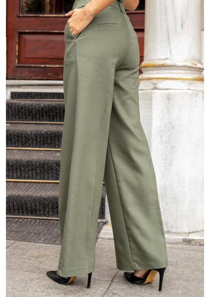 Kadın Yüksek Bel Yan Cepli Bol Paça Rahat Kesim Palazzo Kumaş Pantolon-Haki indirimleri