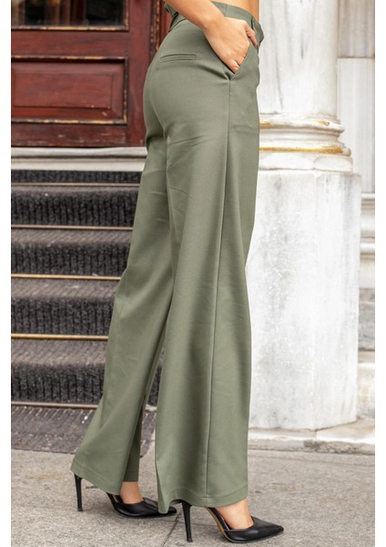 Kadın Yüksek Bel Yan Cepli Bol Paça Rahat Kesim Palazzo Kumaş Pantolon-Haki