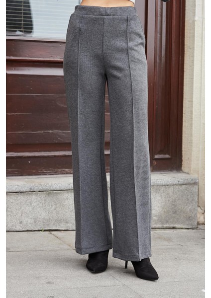 Kadın Hafif Esnek Fitilli Kumaş Yan Cepli Rahat Kesim Palazzo Pantolon-Antrasit fiyatları