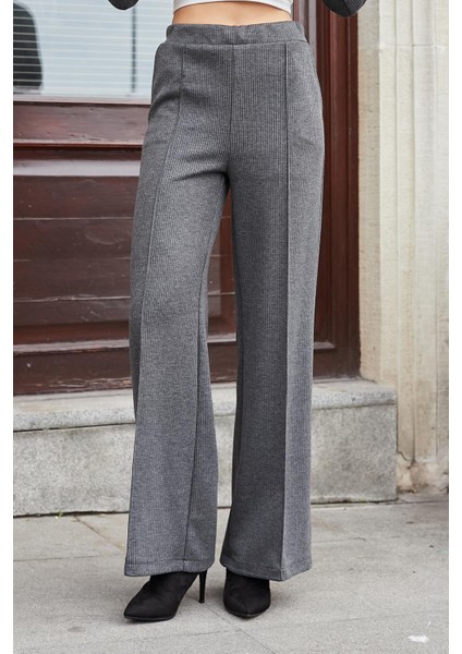 Kadın Hafif Esnek Fitilli Kumaş Yan Cepli Rahat Kesim Palazzo Pantolon-Antrasit modelleri