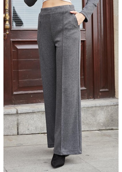 Kadın Hafif Esnek Fitilli Kumaş Yan Cepli Rahat Kesim Palazzo Pantolon-Antrasit indirimleri