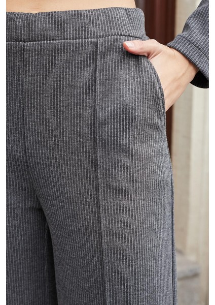 Kadın Hafif Esnek Fitilli Kumaş Yan Cepli Rahat Kesim Palazzo Pantolon-Antrasit