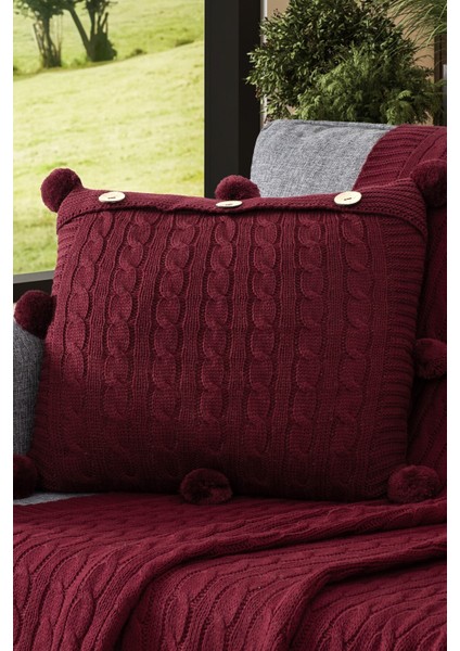 Ponponlu Triko Örme Kırlent Kılıfı - 40X40 cm Kare Yastık Kılıfı - Bordo