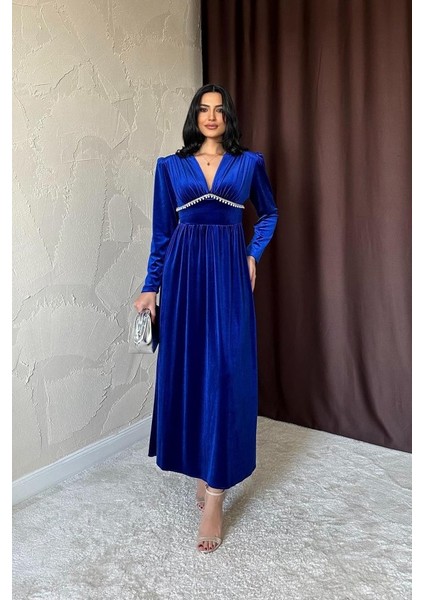 Saks Göğüs Altı Taşlı Elbise