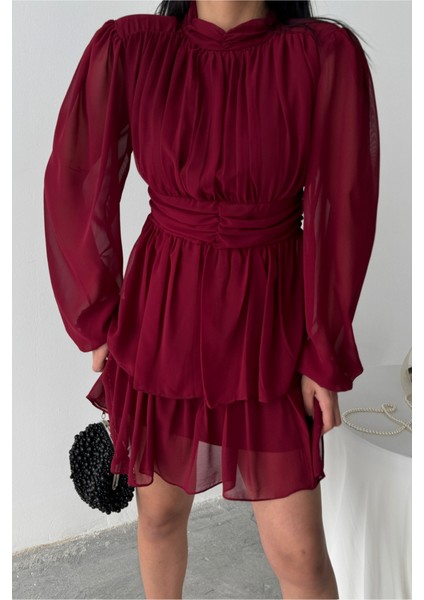 Şifon Katlı Uzun Kol Elbise - Bordo