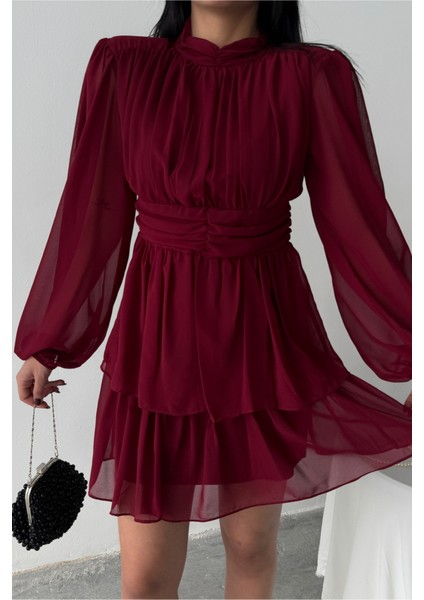 Şifon Katlı Uzun Kol Elbise - Bordo fiyatları